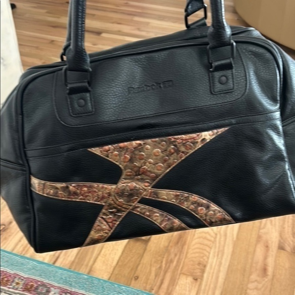 Reebok Black and Bronze Faux Leather Duffel Bag